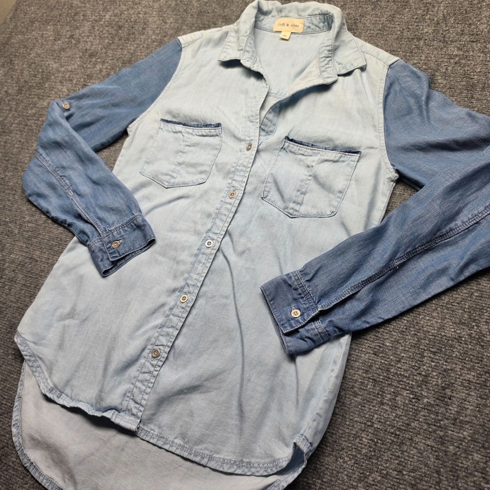 Cloth & Stone XS Two Tone Light Wash Chambray Roll Sleeve Tunic Top C2869-700